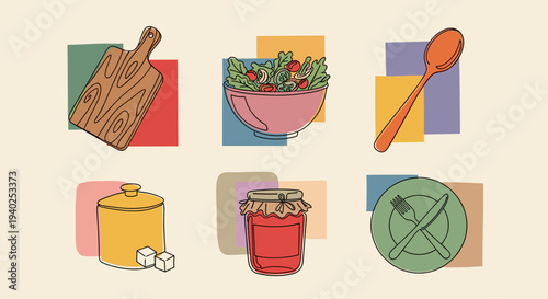 A collection of kitchen and food elements including a cutting board, salad bowl, spoon, jar, and plate in modern colorful vector style, ideal for culinary design projects