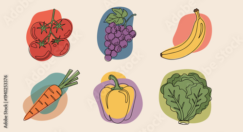 A collection of colorful vegetables and fruits including tomatoes, grapes, bananas, carrots, bell peppers, and lettuce in modern vector style, ideal for kitchen decor and healthy food branding