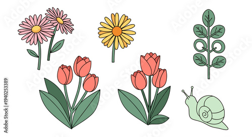 A collection of colorful flowers and a snail in a minimalist vector style, ideal for nature-themed designs
