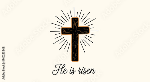 A cross with sun rays and the text 'He is risen' in a modern vector style, perfect for Easter celebrations and religious designs