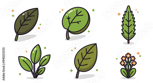 A collection of various green leaves and plants in flat minimalist vector style, ideal for eco-friendly design projects