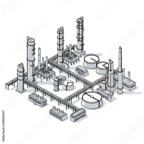 Isometric illustration of an industrial facility with various structures and equipment.