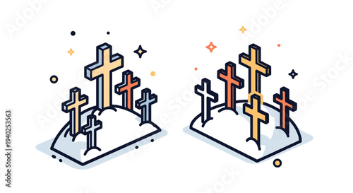 A collection of colorful crosses on graves in minimalist vector style, suitable for religious themes and memorial designs