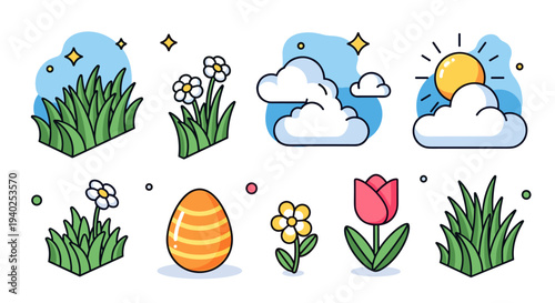 A set of colorful spring-themed icons including flowers, grass, clouds, and an Easter egg in flat vector style, ideal for seasonal designs