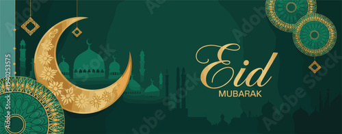 Green banner with golden crescent moon, mosques, and Eid Mubarak text Islam Islamic