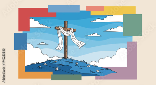 A depiction of a cross on a hill with clouds in a colorful abstract frame, in a flat vector style, ideal for religious themes and spiritual designs