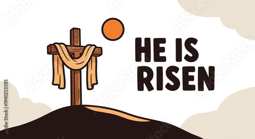 A cross draped with a cloth on a hill with a rising sun in flat modern vector style, ideal for Easter celebrations and religious events