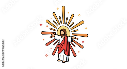 A depiction of Jesus Christ surrounded by radiant light in colorful minimalist vector style, suitable for religious themes and spiritual designs