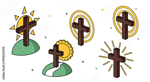 A collection of decorative crosses on hills with sun and sunflower elements in modern vector style, ideal for religious and spiritual designs