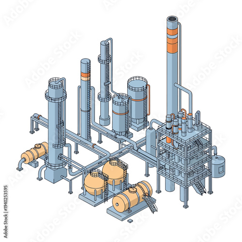 Industrial facility with pipes and cylindrical structures.