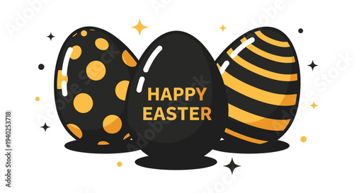 A collection of decorative Easter eggs with patterns and the text 'Happy Easter' in a colorful flat vector style, suitable for holiday greetings and decorations