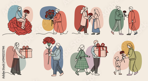 A collection of people exchanging gifts and flowers in colorful minimalist vector style, perfect for celebrations and events