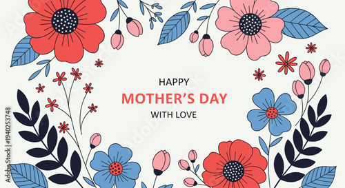 A floral illustration for Mother's Day featuring colorful flowers and leaves in a modern vector style, perfect for greeting cards and celebrations
