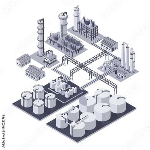 Isometric illustration of an industrial complex with various facilities and storage tanks.