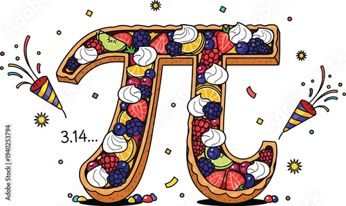 A festive vector graphic illustration of the pi symbol as a delicious fruit tart celebrates pi day, adorned with berries, whipped cream, and fun party poppers.