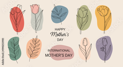 A collection of hand-drawn flowers with a Mother's Day greeting in soft pastel colors, ideal for cards and invitations