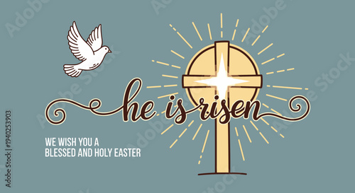 A cross with a radiant light behind it and a dove, in modern vector style, conveying Easter blessings and joy