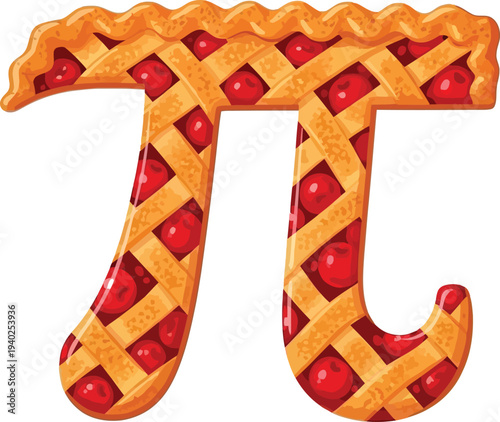 Delicious vector illustration of the mathematical symbol pi rendered entirely as a freshly baked cherry pie with a lattice crust design