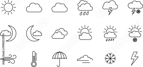 Minimalist black line art vector graphic illustration set featuring various essential weather condition forecast icons for application design