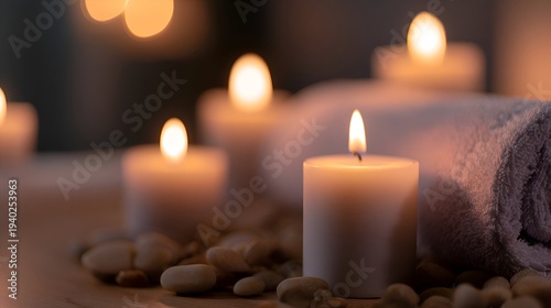 Wallpaper Mural A serene arrangement of lit candles and smooth pebbles beside a soft towel, creating a calming ambiance Torontodigital.ca