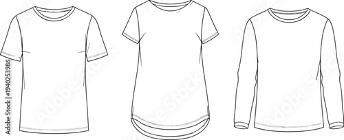 Basic t shirt collection, short sleeve tee, long sleeve tshirt, casual clothing apparel, cad drawing, flat vector illustration