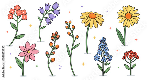 A collection of colorful floral illustrations featuring various flowers in a playful vector style, suitable for nature-themed projects