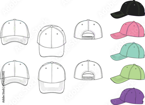 baseball cap technical fashion cad drawing snapback hat front side back views flat vector apparel template design