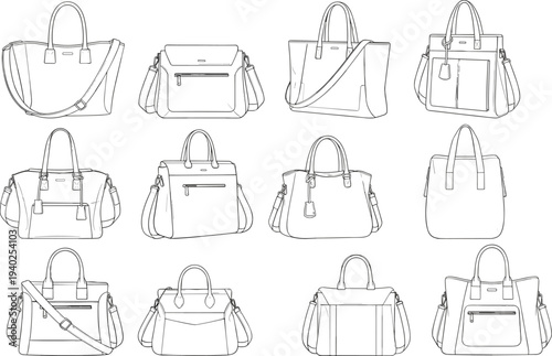 Handbag collection, women bags, fashion accessories, tote bag, shoulder bag, leather purse, cad drawing, flat vector illustration, design set