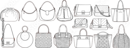 handbag collection line art, women bag set outline illustration, fashion purse technical drawing, tote shoulder crossbody bag template design