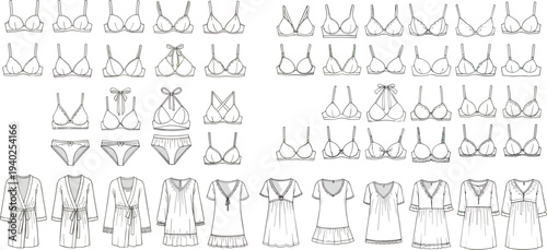 Lingerie sleepwear fashion technical line icons set, bras panties robes nightgowns underwear collection, minimalist outline vector illustration bundle