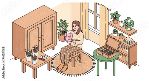 A cozy living room scene featuring a woman reading a book surrounded by furniture and plants in modern vector style, ideal for interior design projects