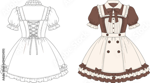 Lolita fashion dress technical illustration, front and back view vintage cute frilly dress, ribbon bow detailed apparel vector