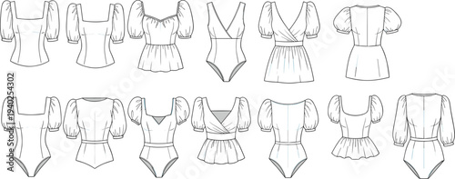 Puff sleeve tops, blouse, bodysuit, women, fashion, clothing, apparel, collection, cad, drawing, flat, vector, illustration, design, garment, template, trendy, feminine, outfit, set