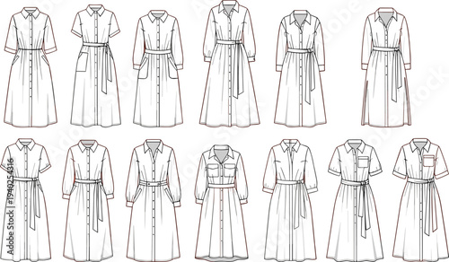 Set of women shirt dress technical sketches, fashion CAD flat vector illustration collection, belted midi dresses clothing design template bundle