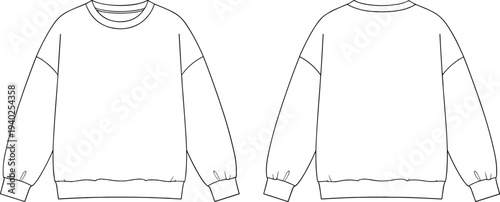sweatshirt technical drawing, crewneck sweatshirt template, front and back view fashion flat sketch, casual pullover sweater outline design