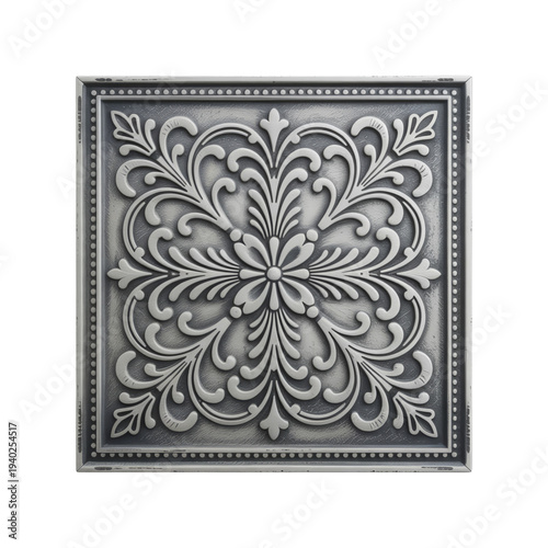 Distressed Silver Tin Ceiling Panel with Ornamental Floral Relief Transparent Background