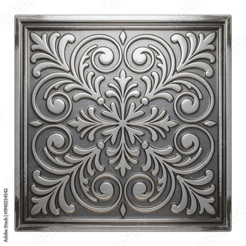 Embossed Tin Ceiling Tile with Floral Pattern Antique Silver Isolated on Transparent Background