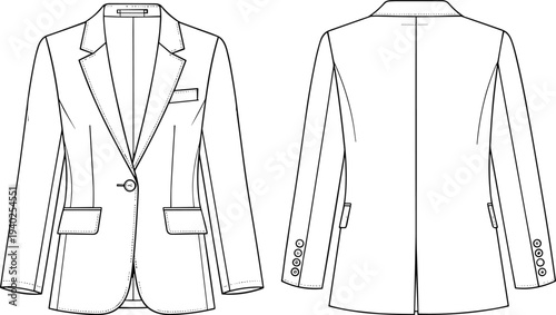 Women blazer jacket, formal suit coat, fashion apparel, tailored garment, office wear, cad drawing, flat vector illustration design