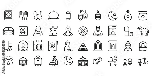 Islamic Icons Set Featuring Mosque, Quran, Prayer, and Ramadan Symbols Muslim Religion