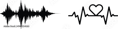 Black audio sound waveform and ECG heartbeat line with heart icon on light gray background representing music signal and health monitoring concept