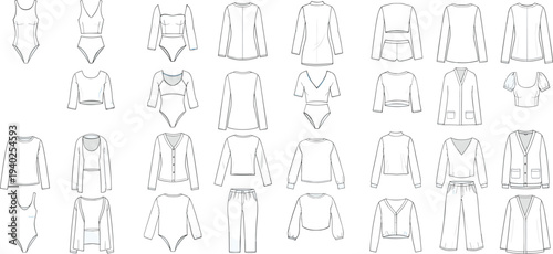 Women clothing collection, tops, bodysuits, sweaters, pants, fashion apparel set, garment templates, cad drawing, flat vector illustration