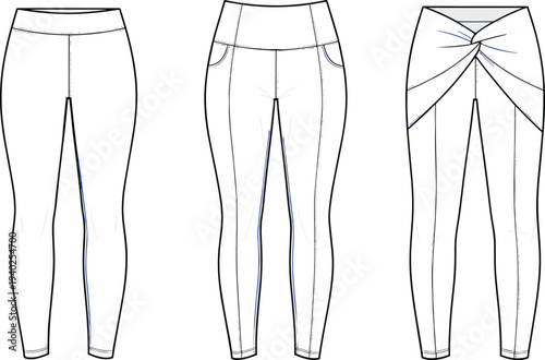 Women leggings technical fashion illustration set, front back and wrap style views, fitness yoga pants apparel outline vector