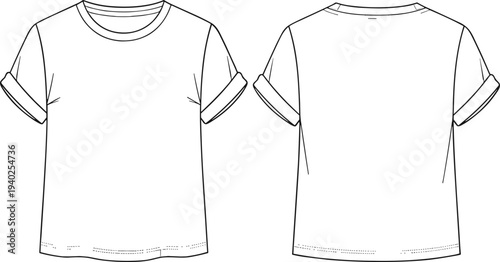 Women rolled sleeve t shirt technical fashion illustration, front and back view casual tee apparel flat sketch vector