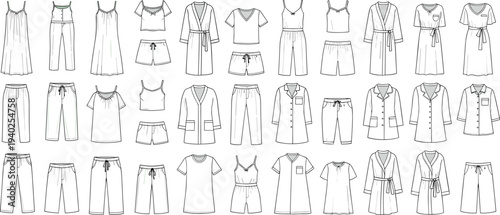Women sleepwear and loungewear collection technical fashion illustration set, pajamas nightgown robe shorts apparel outline vector designs