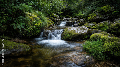 Tranquil waterfall flowing through lush forest nature photography serene environment close-up perspective
