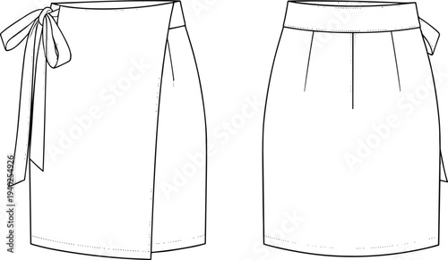 wrap skirt technical drawing, women midi skirt template, front and back view fashion flat sketch, elegant tie waist skirt outline