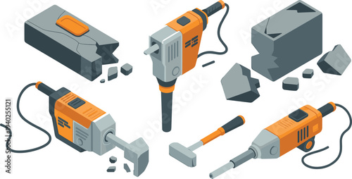 Isometric demolition hammer tools illustration, electric jackhammer construction equipment set, concrete breaking machine, industrial power tools, renovation work
