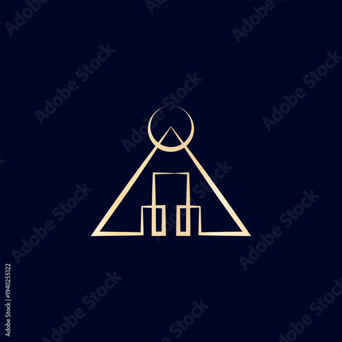 A vector golden logo featuring an abstract image a pyramid with a moon above it, symbolizing mystery, balance, and ancient cosmic harmony.