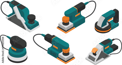 Isometric electric sanding tools illustration, orbital sander, belt sander, woodworking finishing machines, carpentry power tools, workshop equipment