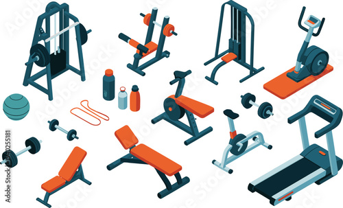 Isometric gym equipment set, treadmill dumbbells exercise bike weight machines fitness training illustration collection